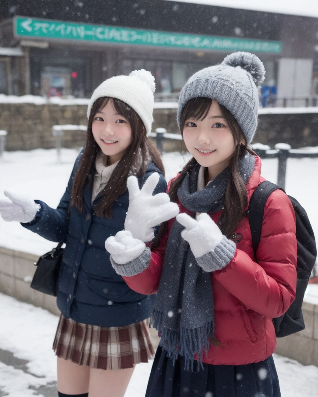 通学中の仲良し2人娘