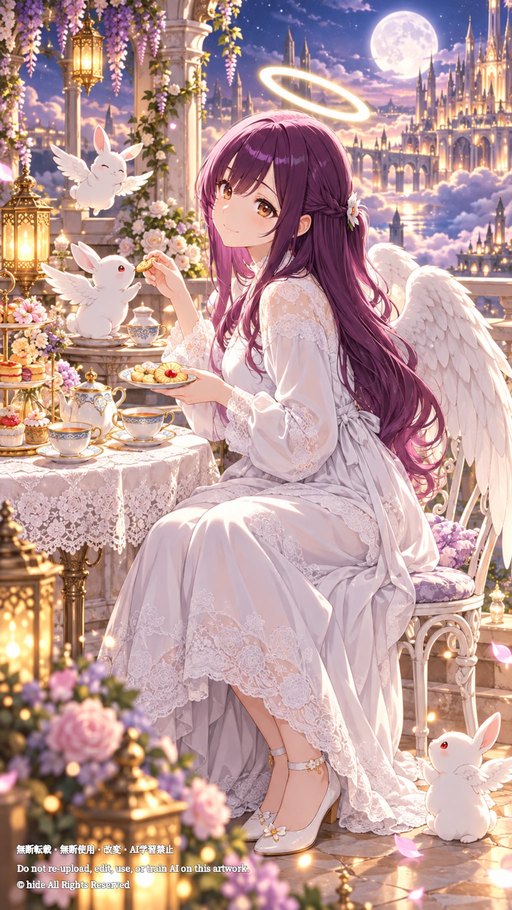 ウリエルさん、宵色の庭でうさぎとお茶