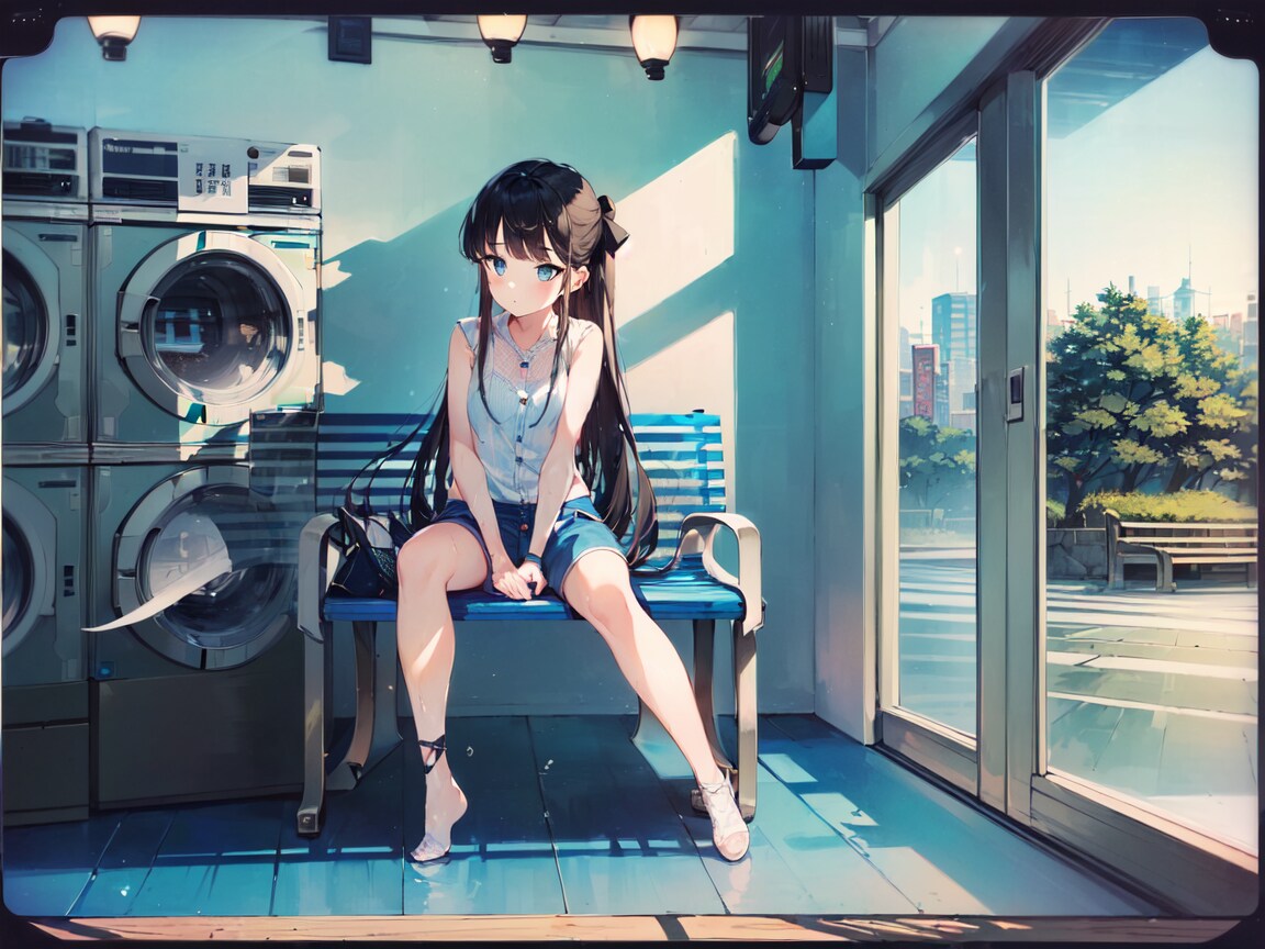 夏、コインランドリーにて