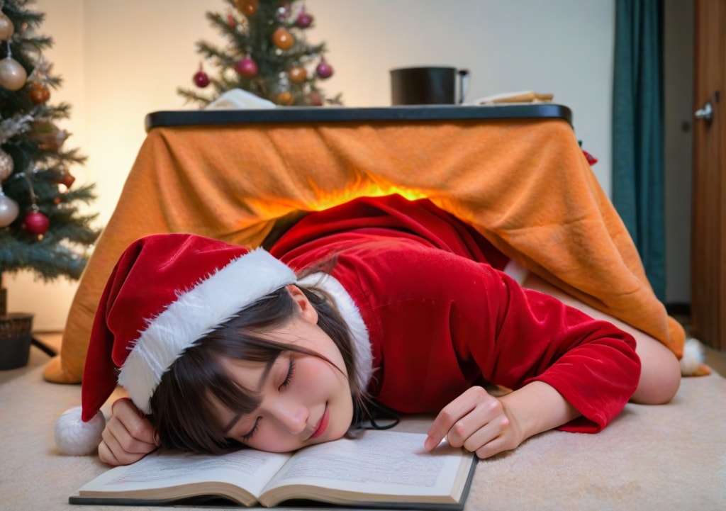 リストを見ながら寝落ちするサンタガール