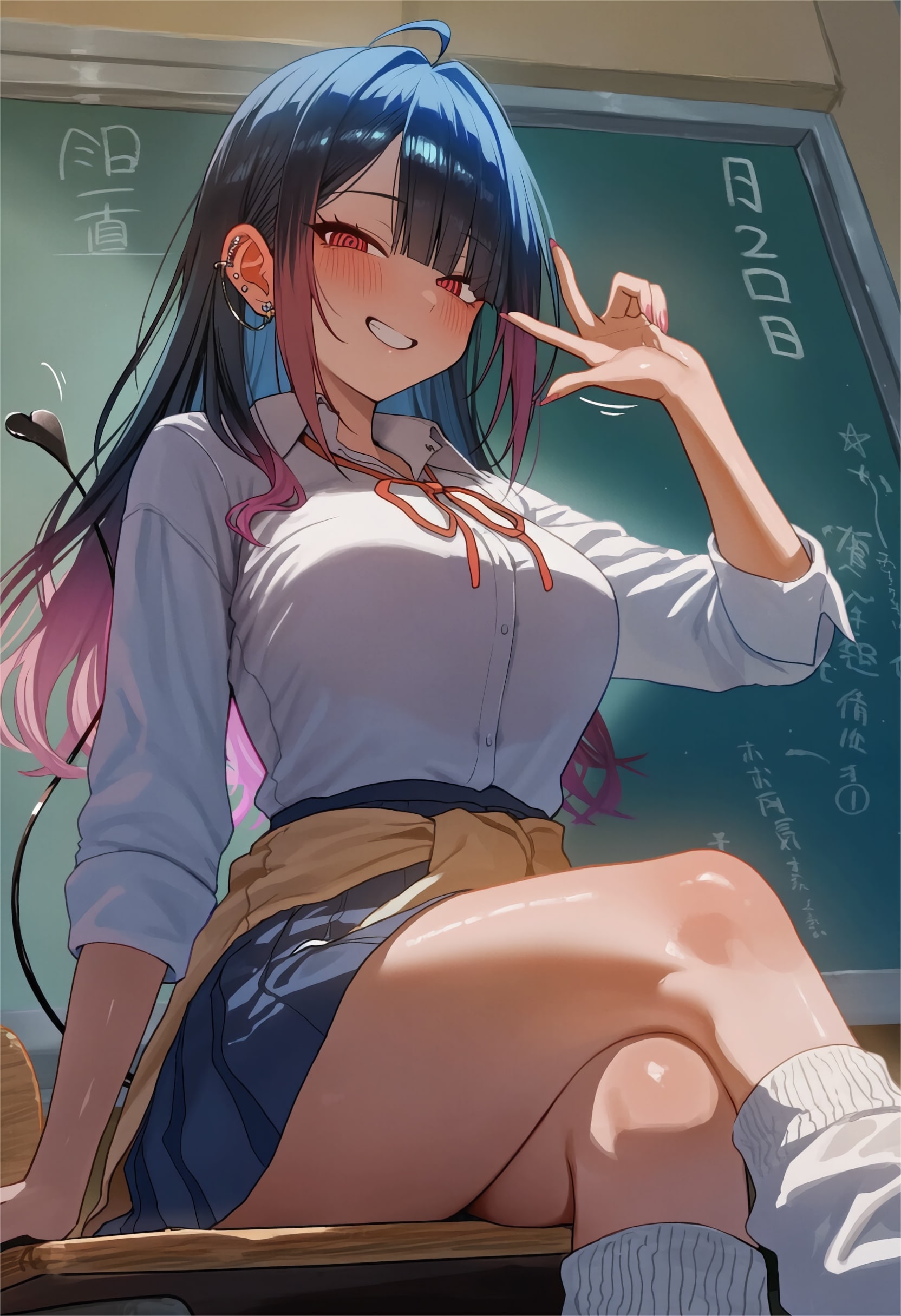 僕の机に座るサキュバス青髪ギャルちゃん