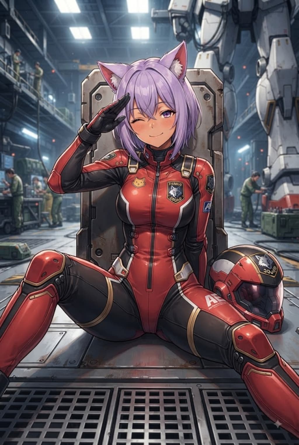 ワイルドに座って敬礼するパイロットスーツのシス