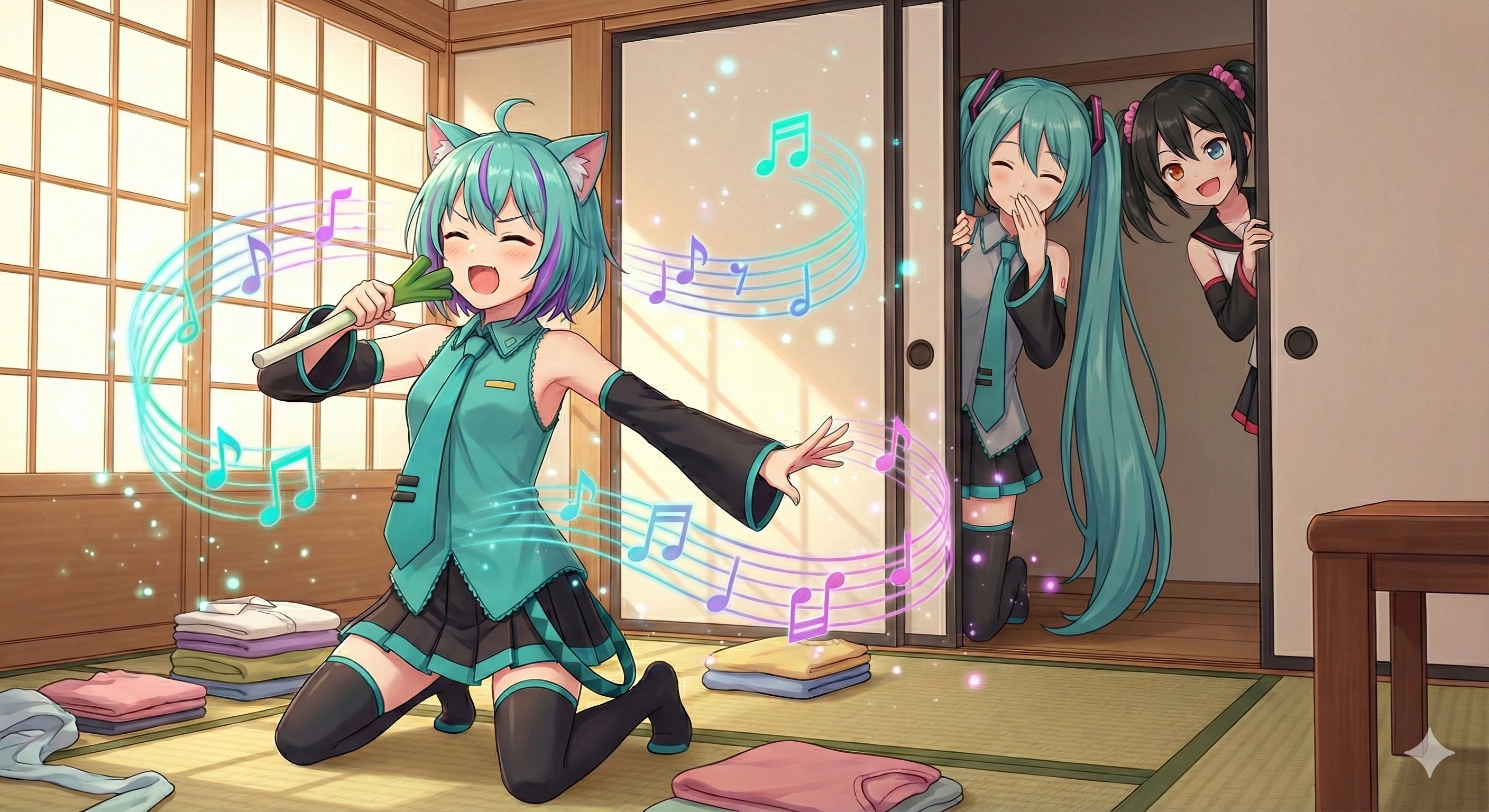 こっそりミクさんの洗濯物でミク真似してるミケちゃん🎶 | の人気AIイラスト・グラビア