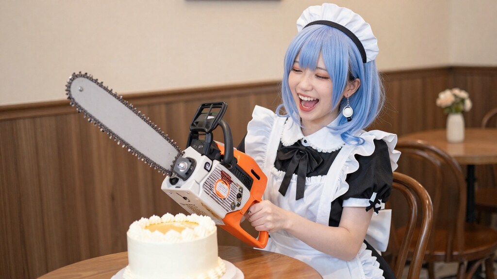 ケーキをチェーンソーで切ろうとしている可愛いメイドさん（横ver)