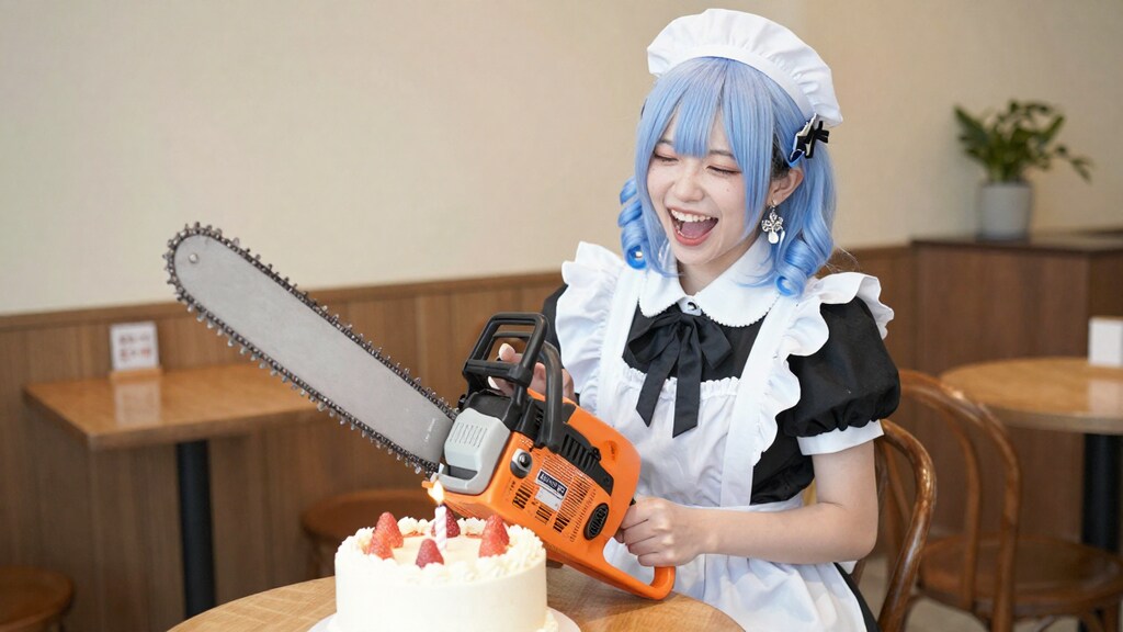 ケーキをチェーンソーで切ろうとしている可愛いメイドさん（横ver)