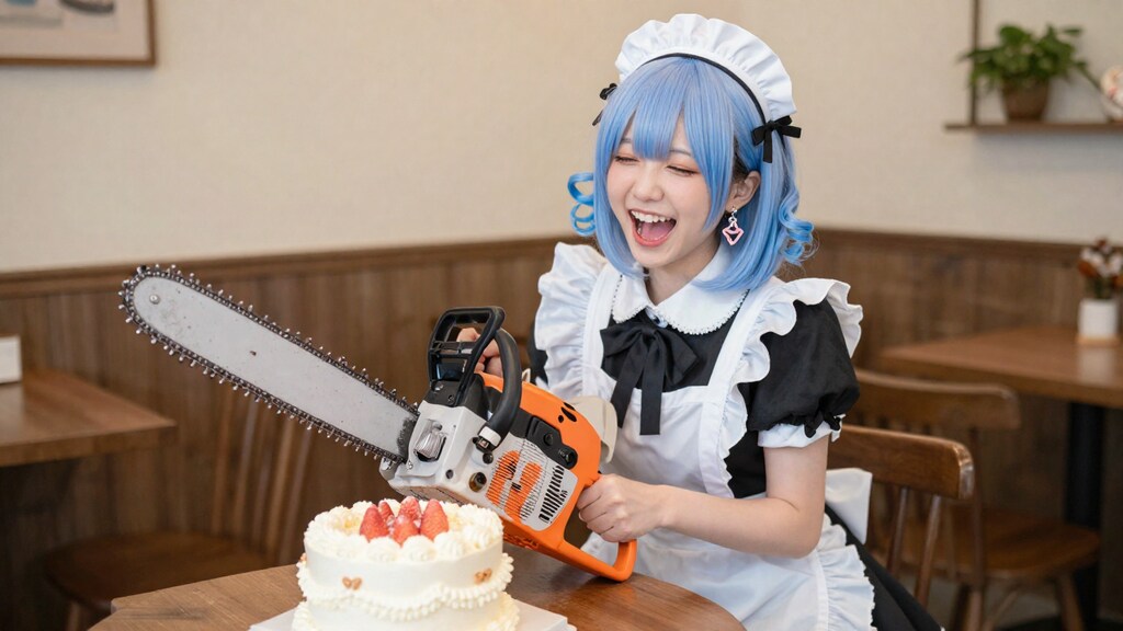 ケーキをチェーンソーで切ろうとしている可愛いメイドさん（横ver)