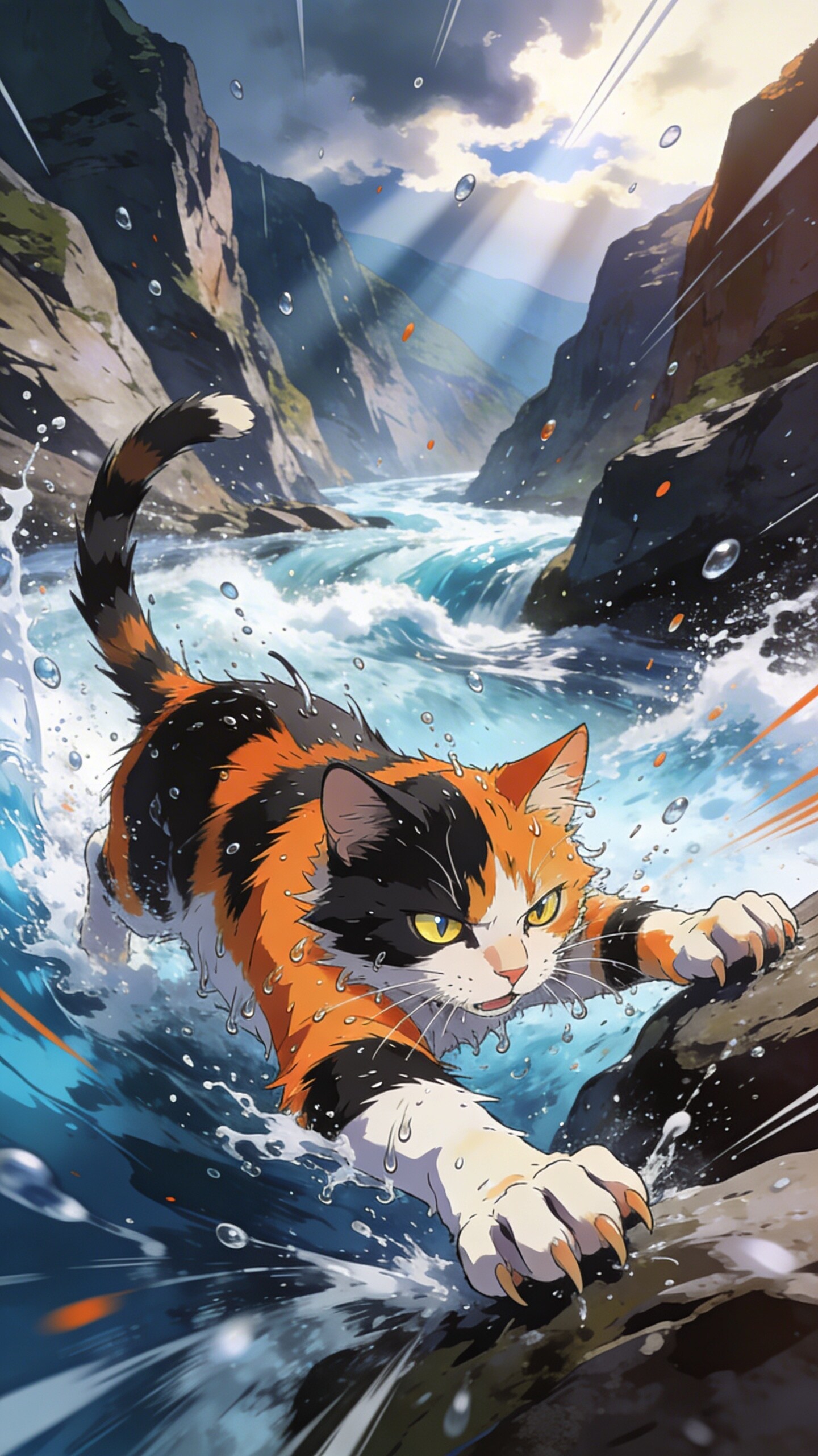 激流に抗う猫