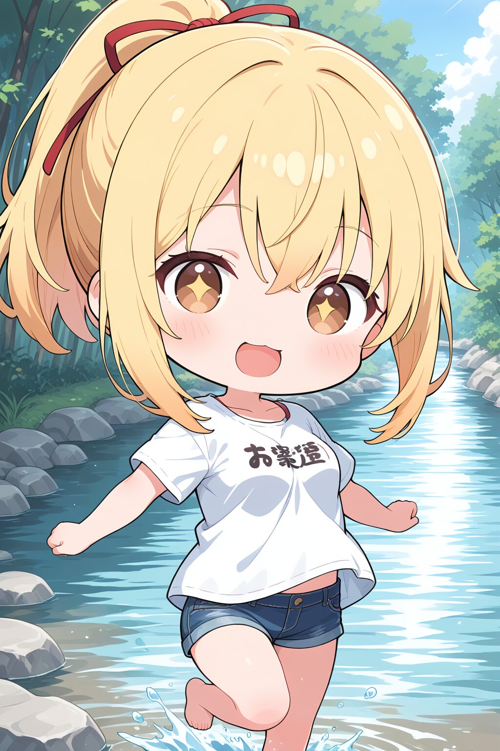 水遊びをするちび金ポニテちゃん | の人気AIイラスト・グラビア