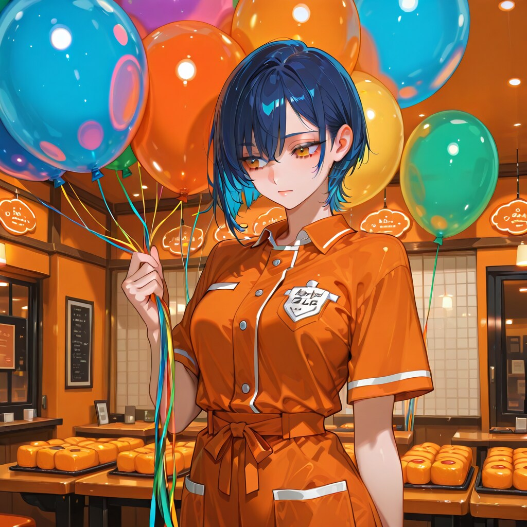 色とりどりの風船を持つ青い髪ショートカットのオレンジ色の制服着たレストランの美女 | の人気AIイラスト・グラビア
