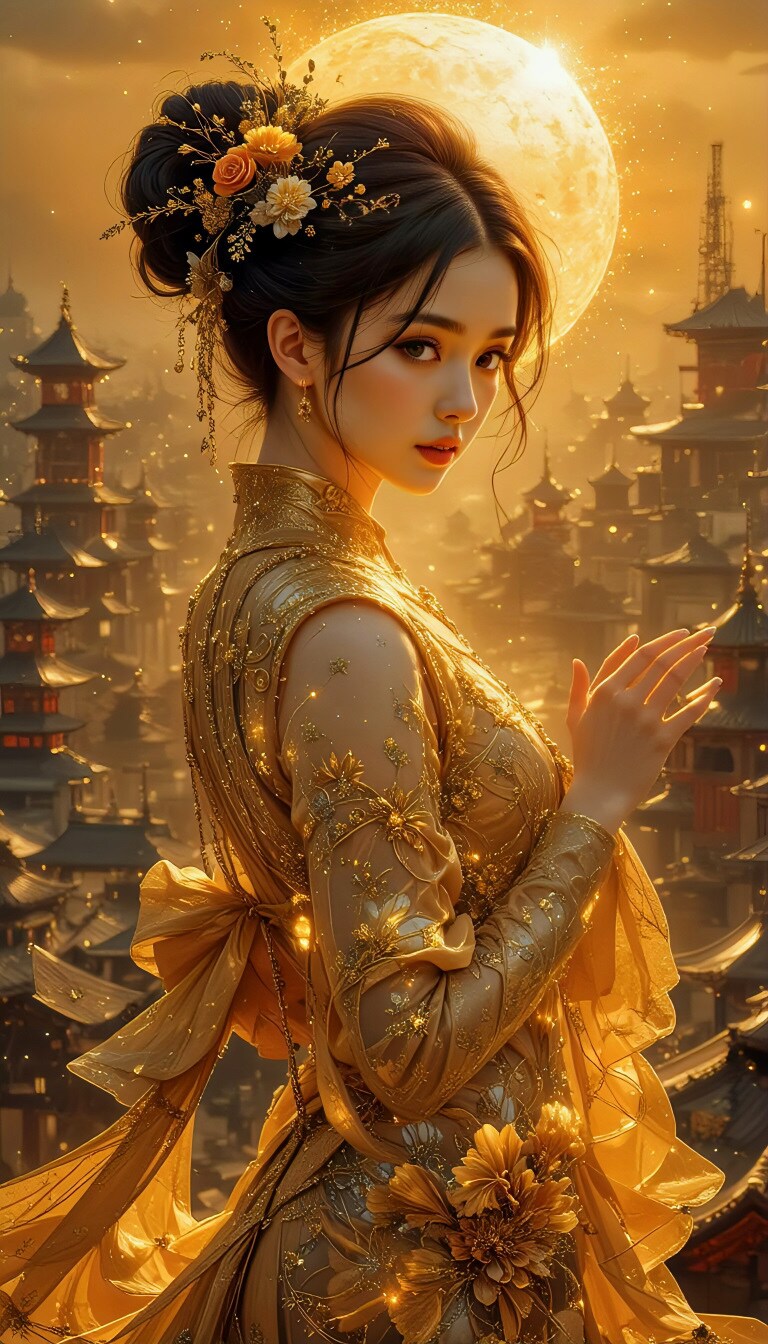満月の古都に輝く黄金の美姫 | の人気AIイラスト・グラビア
