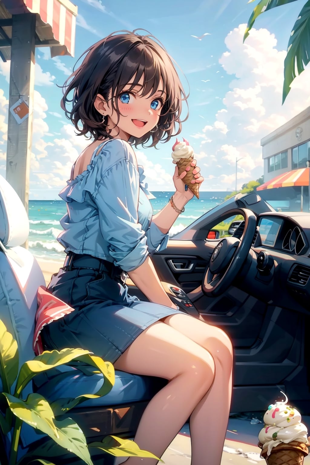 壊れた車の座席に座ってアイスを食べる娘