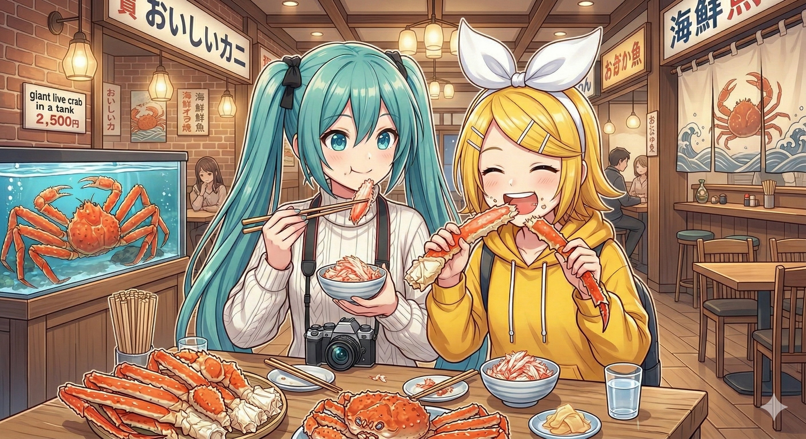 北海道でカニを食べるミクさんリンさん | の人気AIイラスト・グラビア