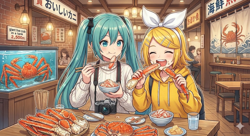 北海道でカニを食べるミクさんリンさん