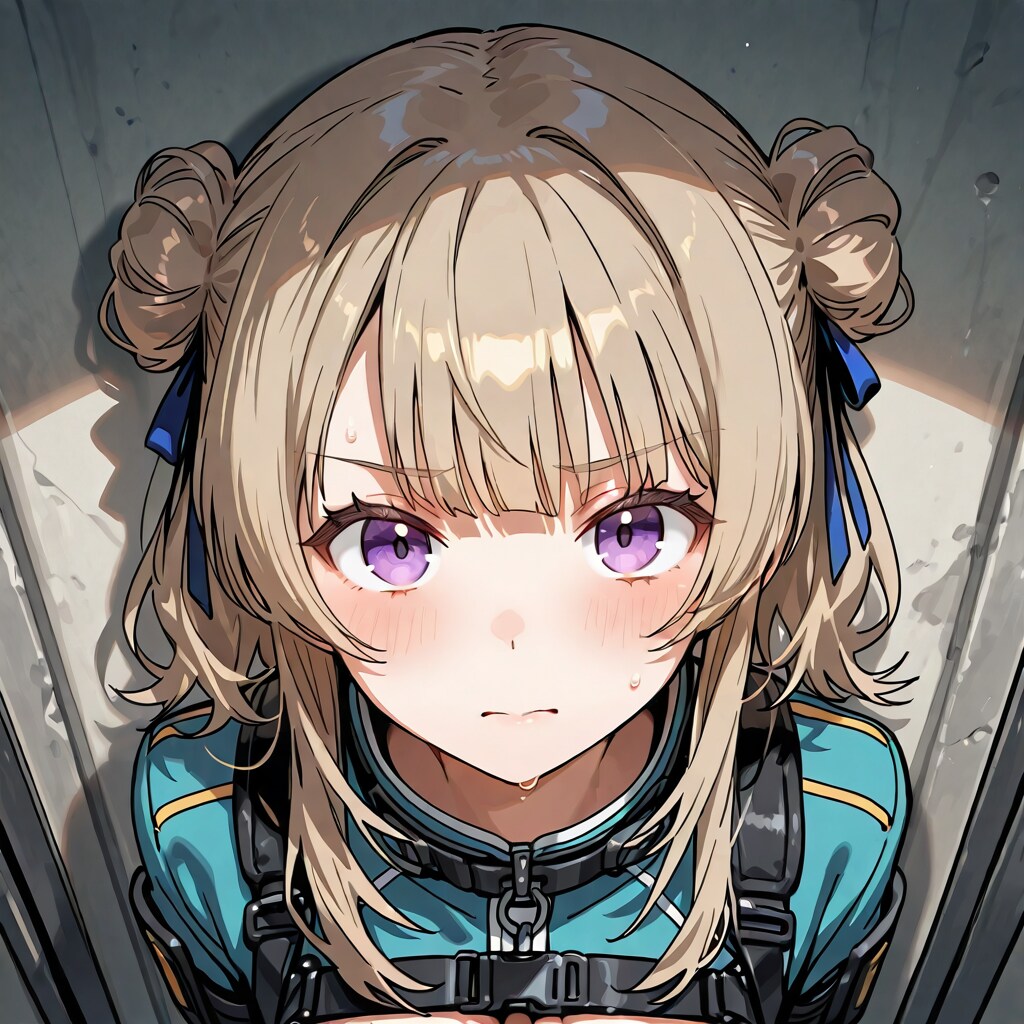 拘束され、見上げる美少女