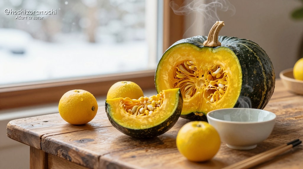 冬の恵み：カボチャと柚子の静物画