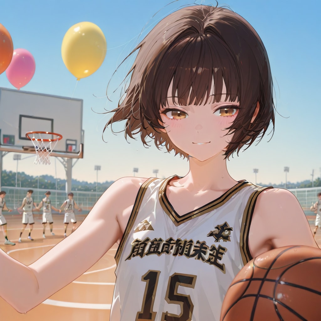 いっぱい巨大風船を持つブラウンショートカットのバスケットボール選手の美女。