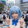 渋谷スクランブル交差点で撮影中の巨乳水色髪コスプレイヤー 4枚目