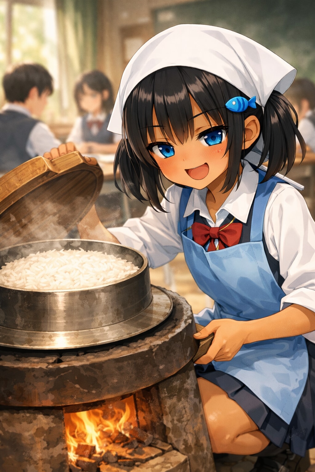 かまどで米を炊くこなつちゃん