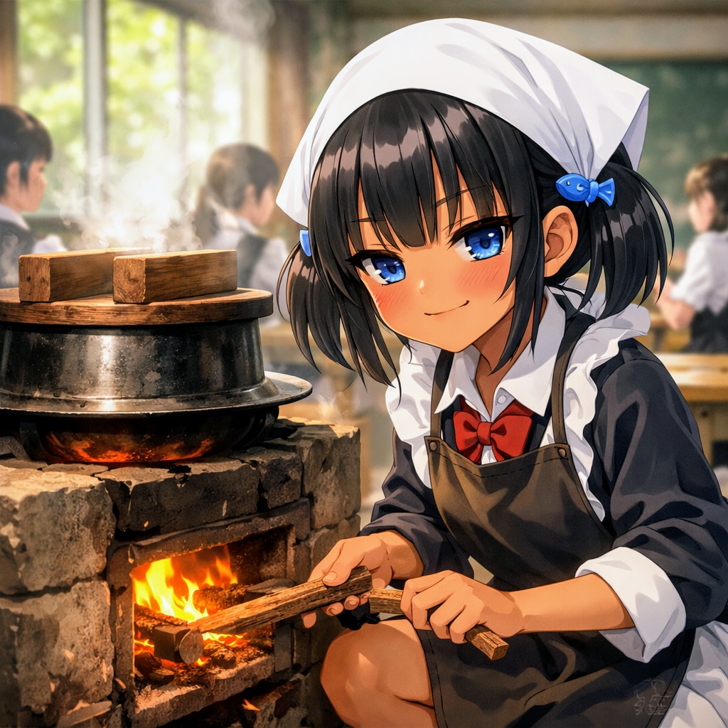 かまどで米を炊くこなつちゃん