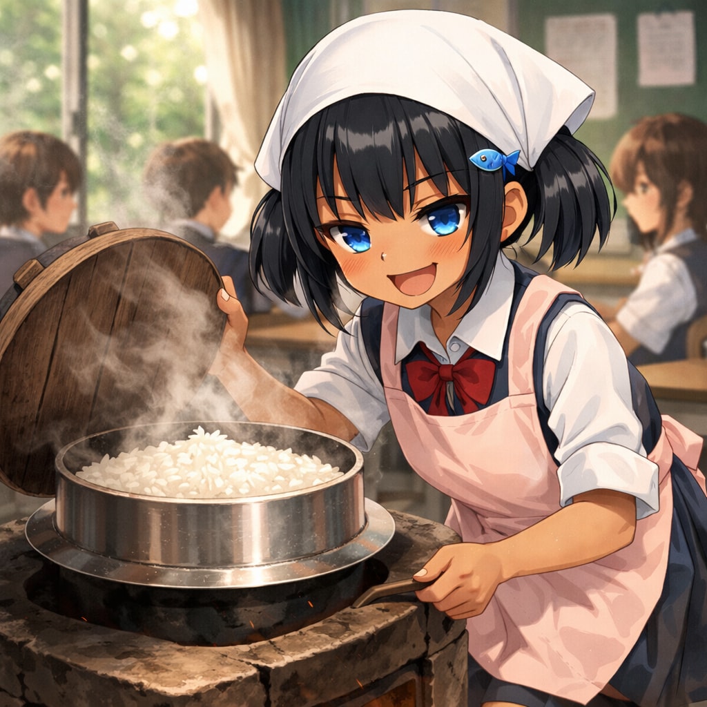 かまどで米を炊くこなつちゃん