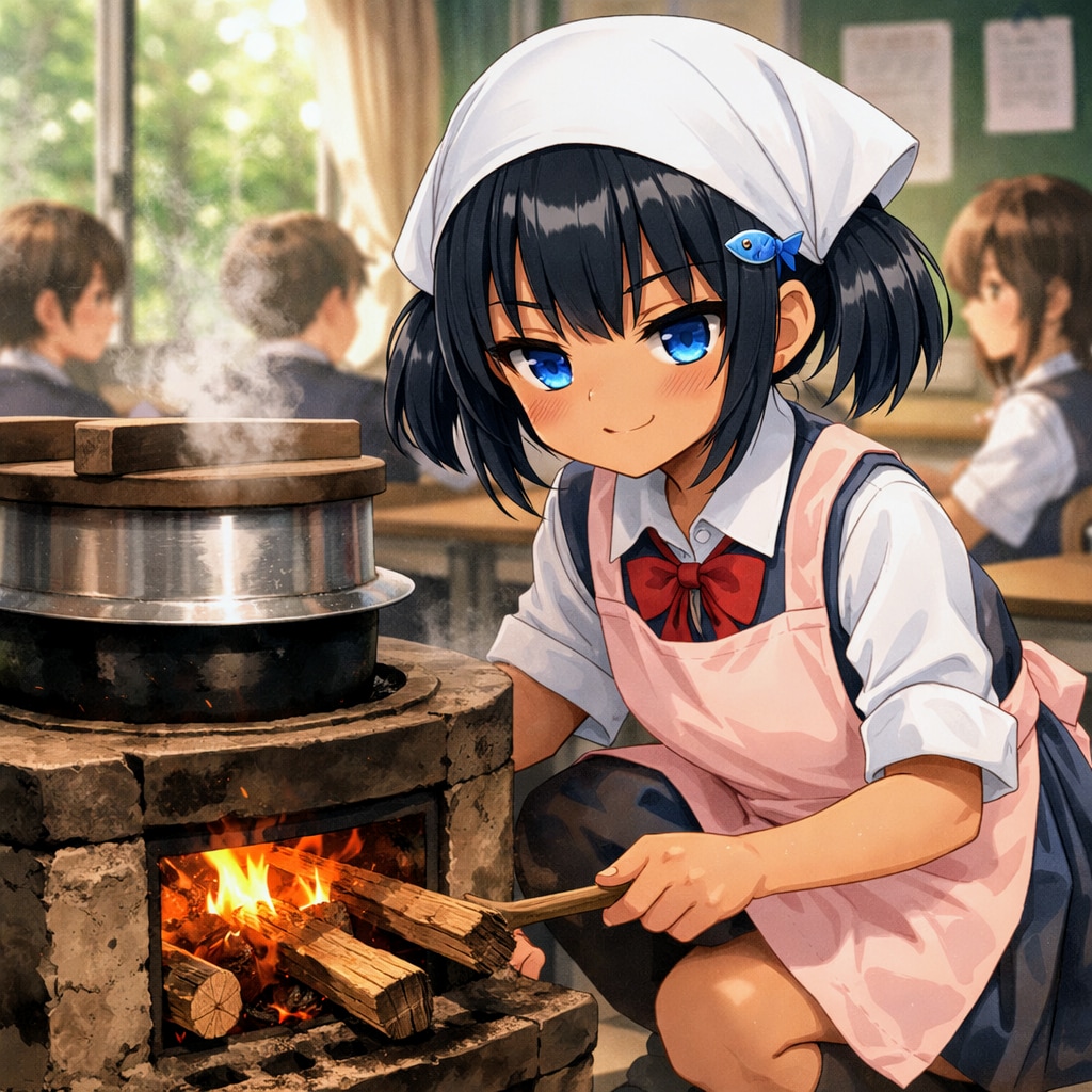 かまどで米を炊くこなつちゃん