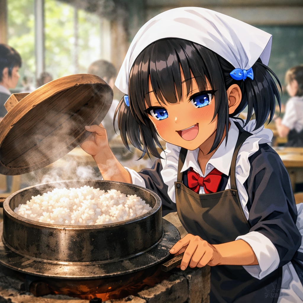 かまどで米を炊くこなつちゃん