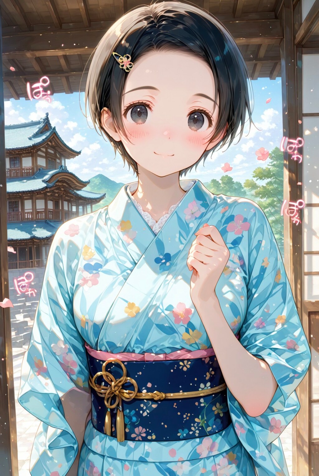 「今日も格好いいね」「...私も今日もかわいい!?、うれしぃ♡がんばってこの着物を着て来れて良かった、腕組んでもいいかな？」素直な上機嫌がかわいい彼女