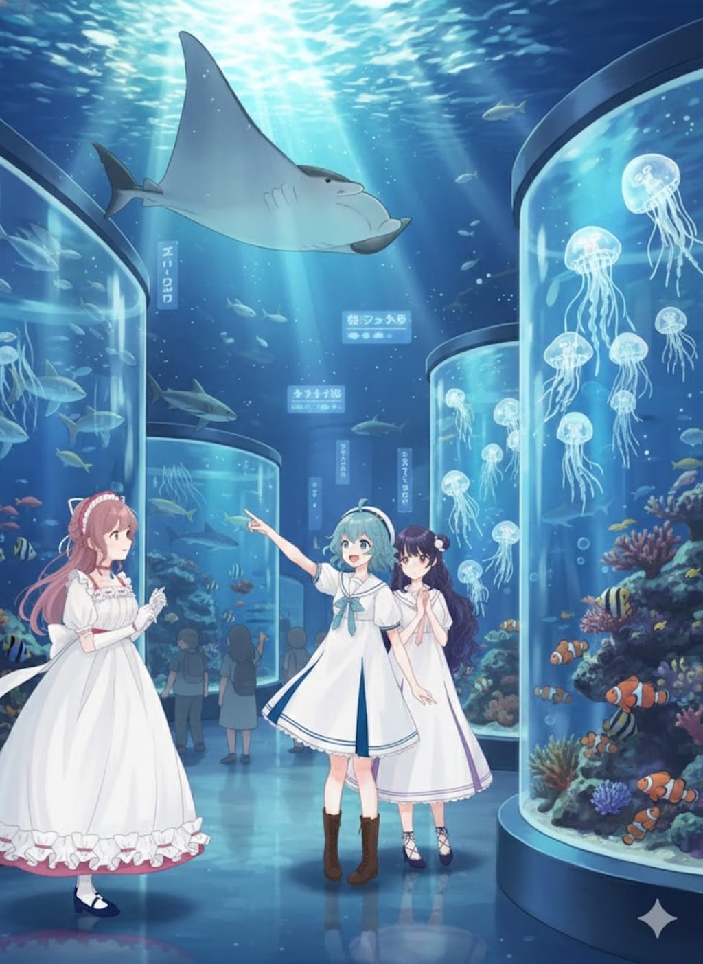 水族館に行くスーズとルルとクリス