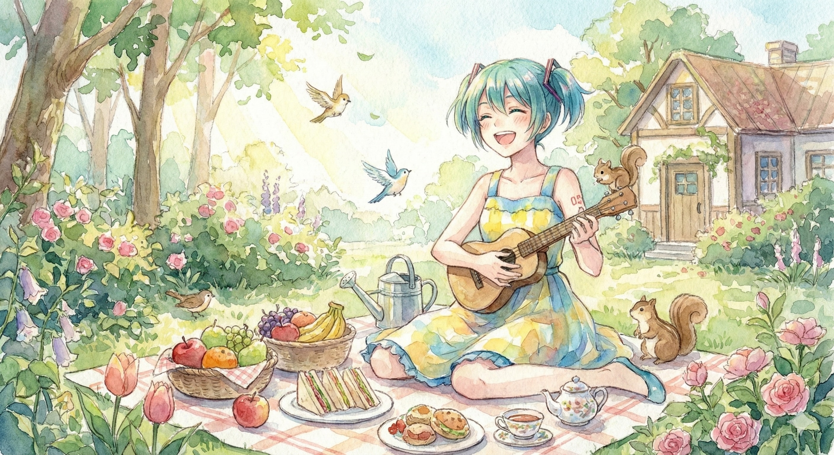 水彩画ミクさん　午後の紅茶と優しい時間 | の人気AIイラスト・グラビア