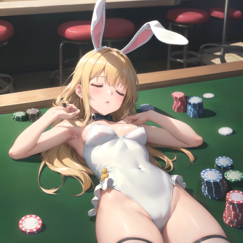 「もう降参ですぅ。負債が払えないのでもう煮るなり焼くなりしてください♥」（バニーたちの花園の２２）