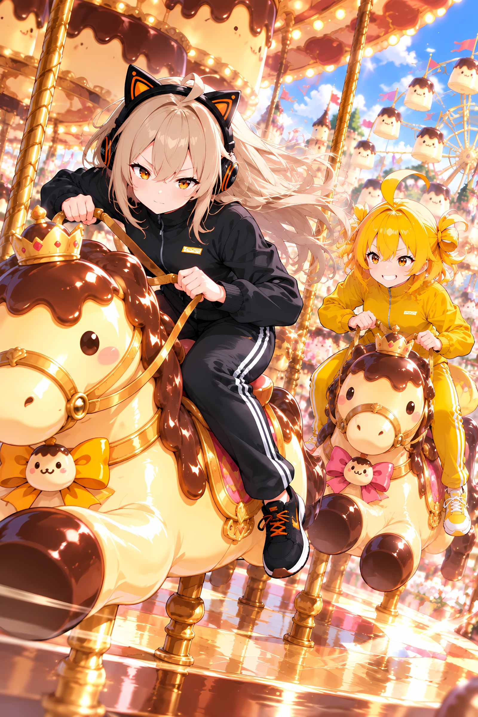 第一回戦、プリンメリーゴーランドで乗馬対決！🍮 | の人気AIイラスト・グラビア