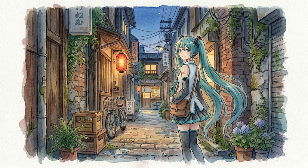 水彩画ミクさん　夕暮れの都会の迷宮 隠れた路地裏の歌姫