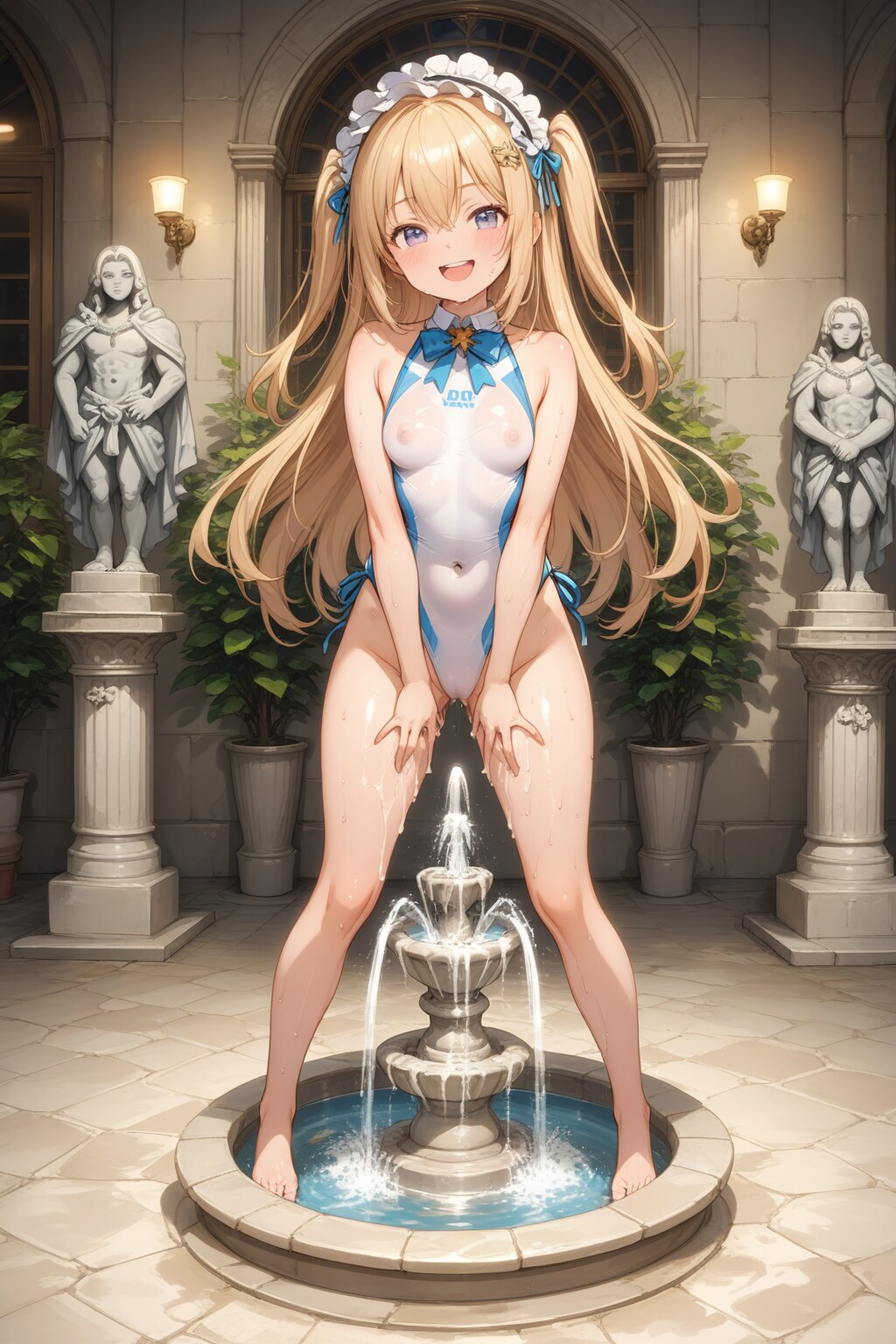 小さな噴水の上で構える競泳水着の少女