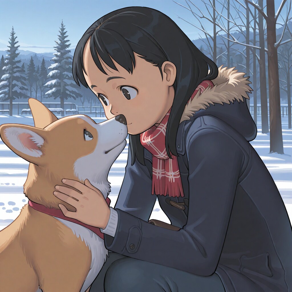 雑誌の表紙風「コーギーと女の子の冬」