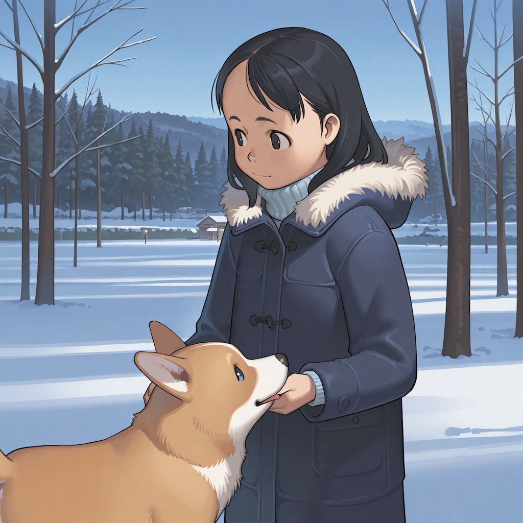 雑誌の表紙風「コーギーと女の子の冬」