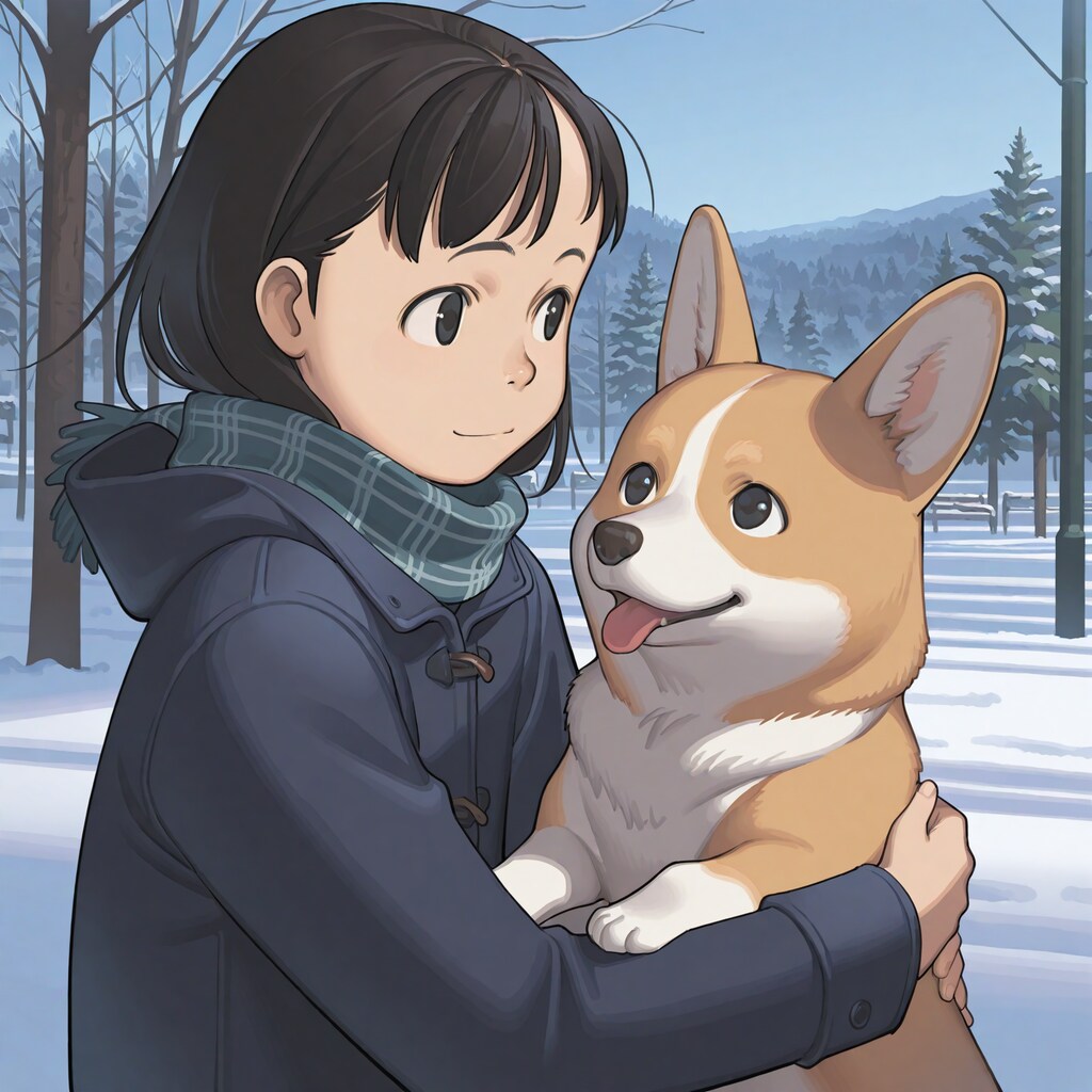 雑誌の表紙風「コーギーと女の子の冬」