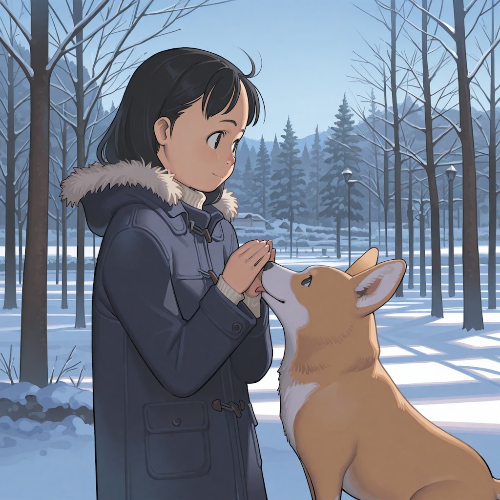 雑誌の表紙風「コーギーと女の子の冬」