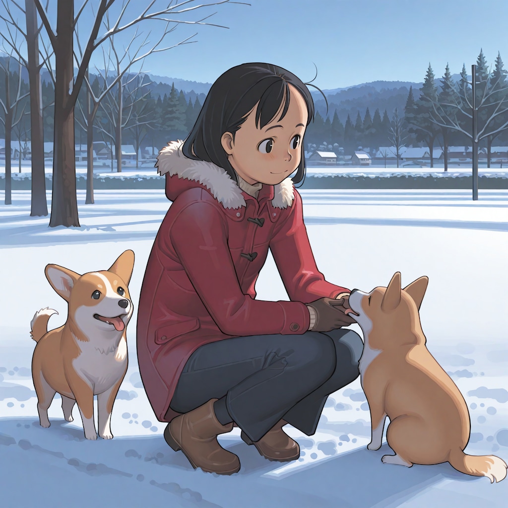 雑誌の表紙風「コーギーと女の子の冬」