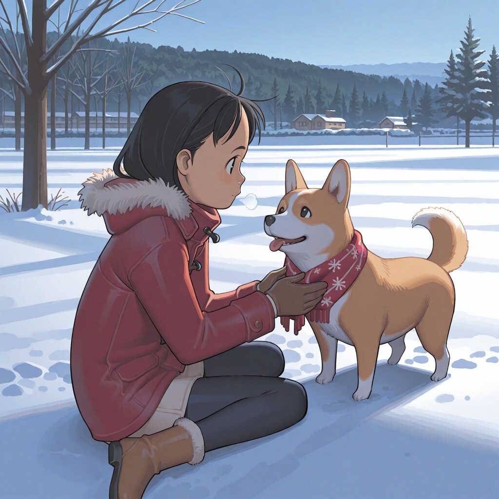 雑誌の表紙風「コーギーと女の子の冬」