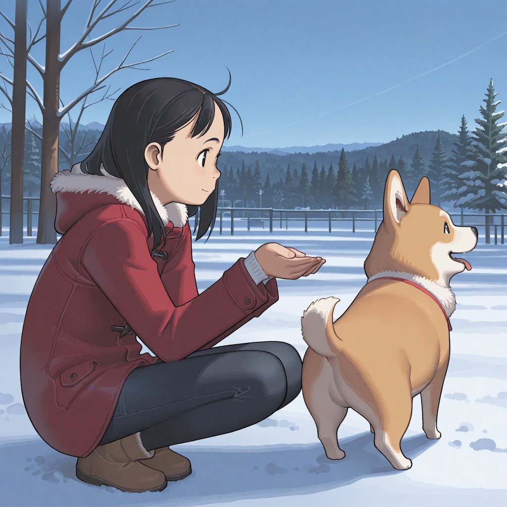 雑誌の表紙風「コーギーと女の子の冬」