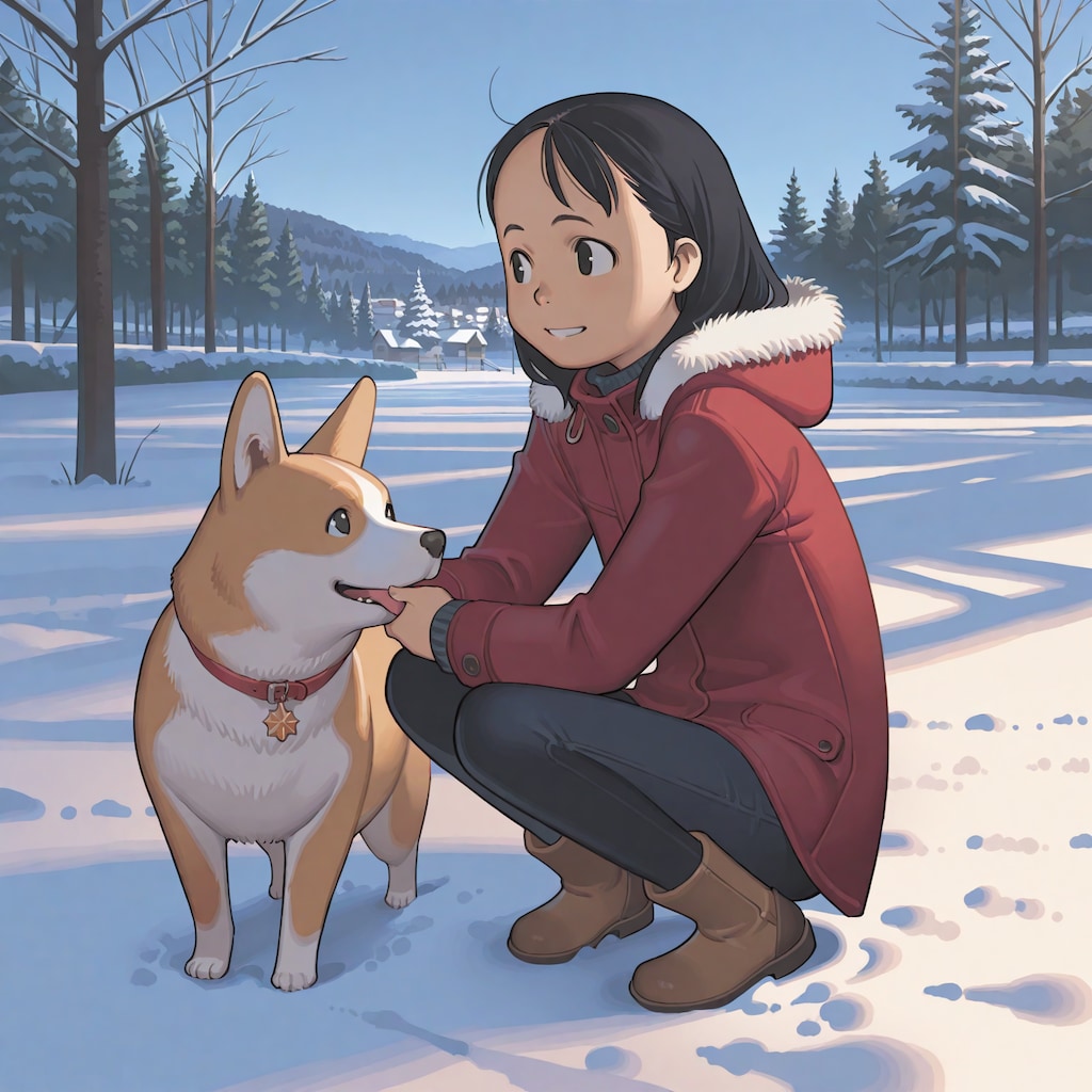 雑誌の表紙風「コーギーと女の子の冬」