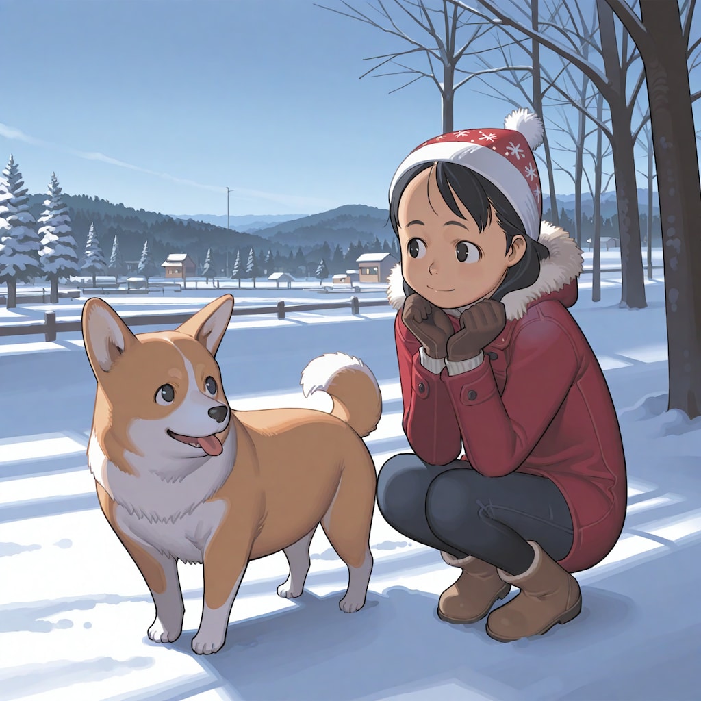 雑誌の表紙風「コーギーと女の子の冬」