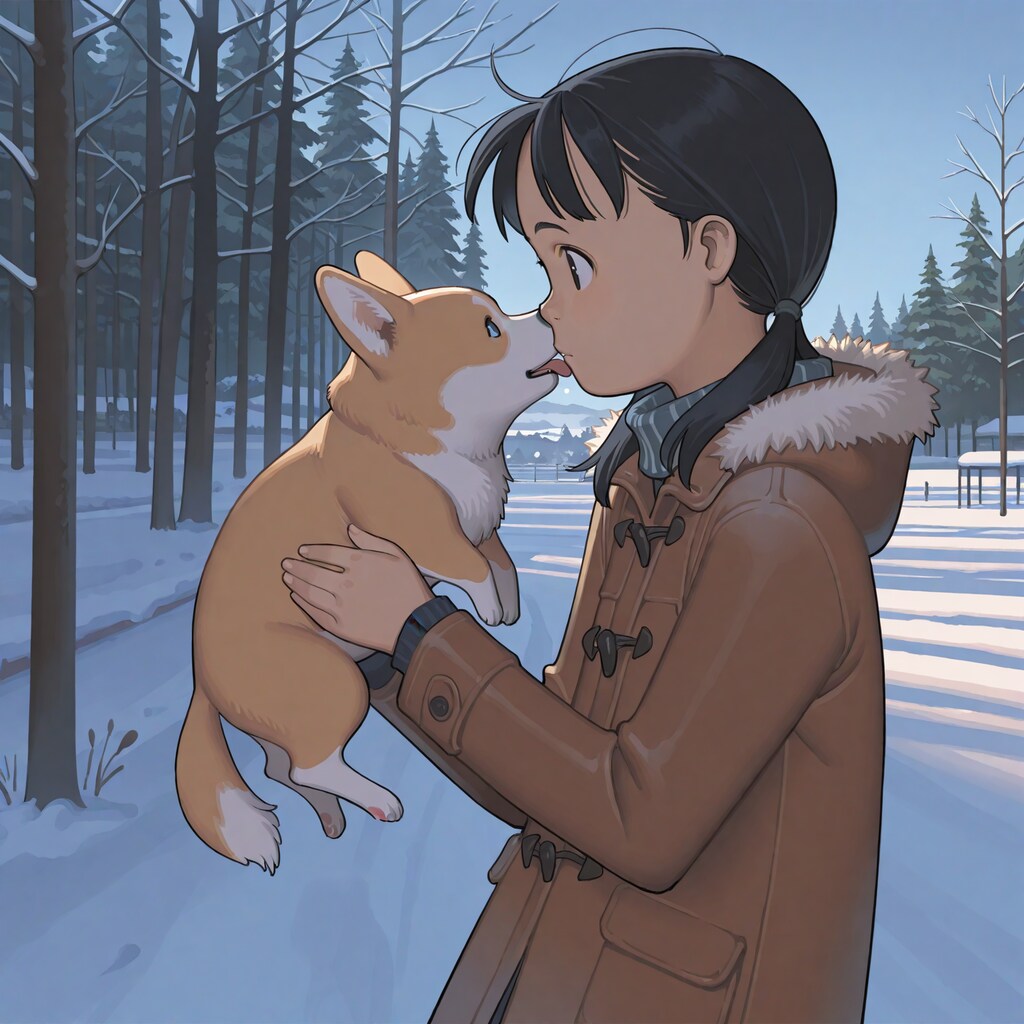 雑誌の表紙風「コーギーと女の子の冬」