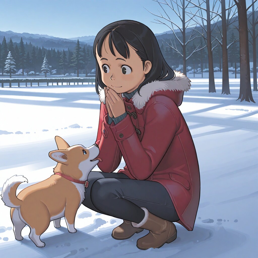 雑誌の表紙風「コーギーと女の子の冬」