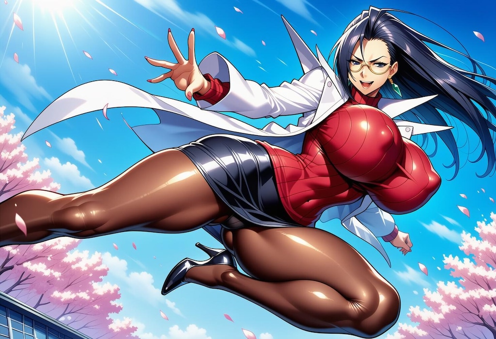 飛び蹴り白衣セーターコスプレ人妻教師