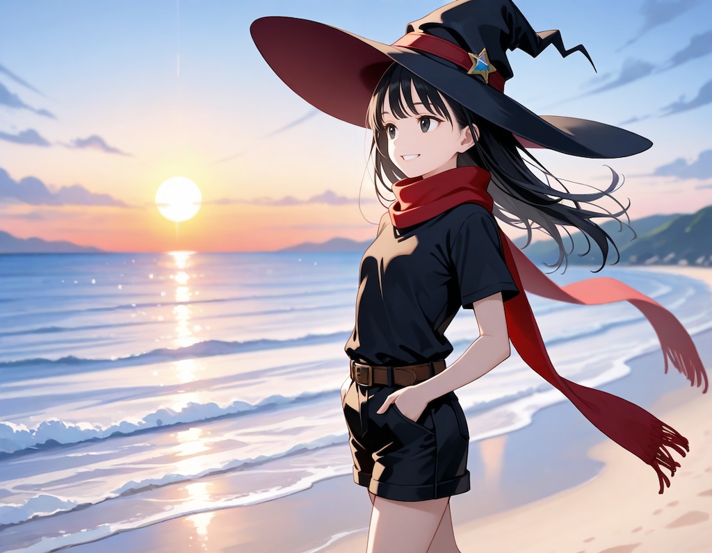 海の夕日と魔女さん