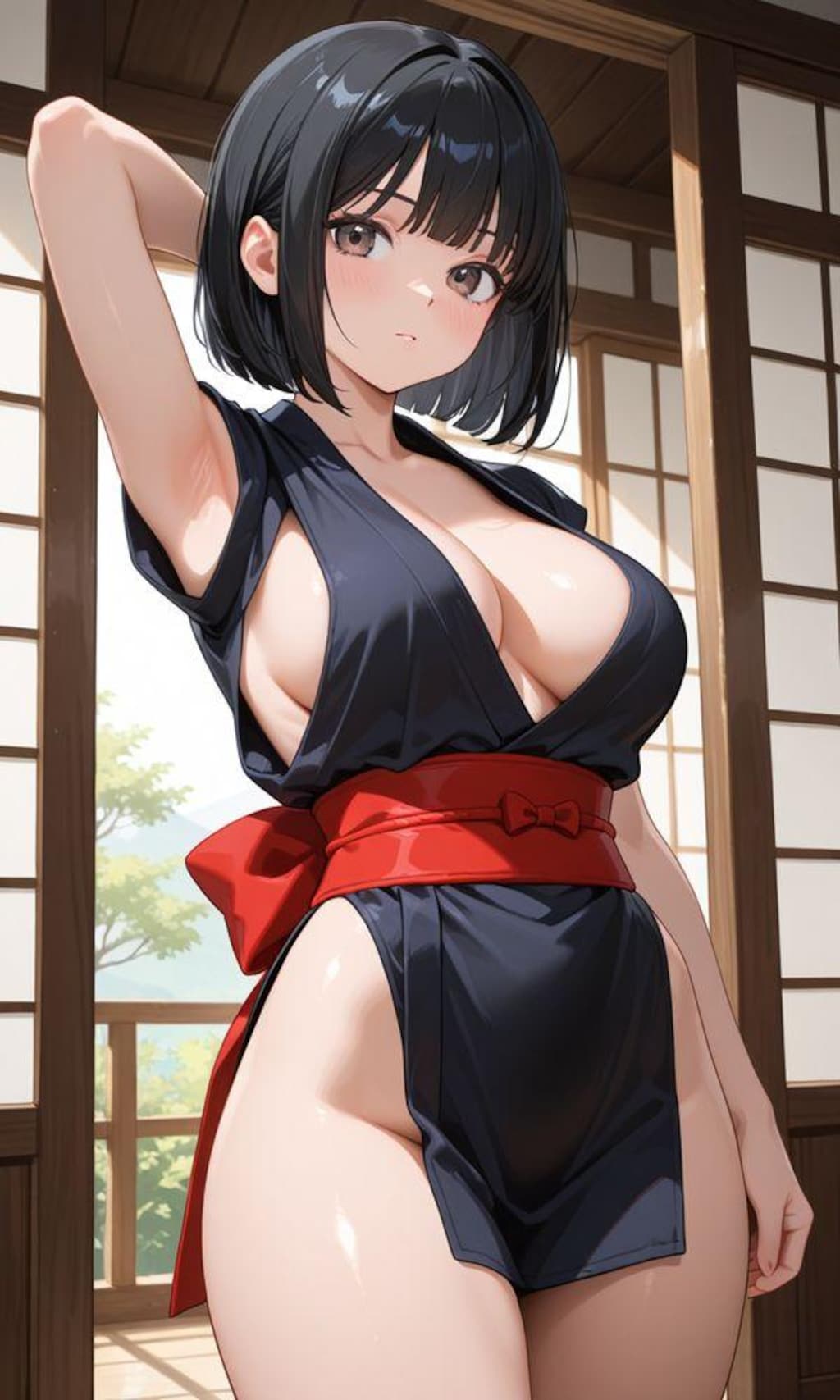 巨乳くのいち参上！ところで、下、履いてないよね？裾、短くない？