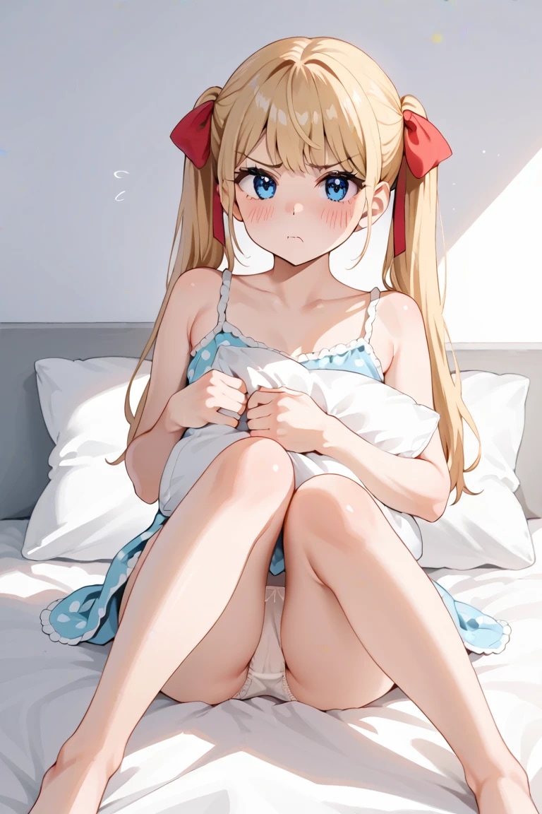 ベッドで枕抱えて白パンツ見せ恥ずかし