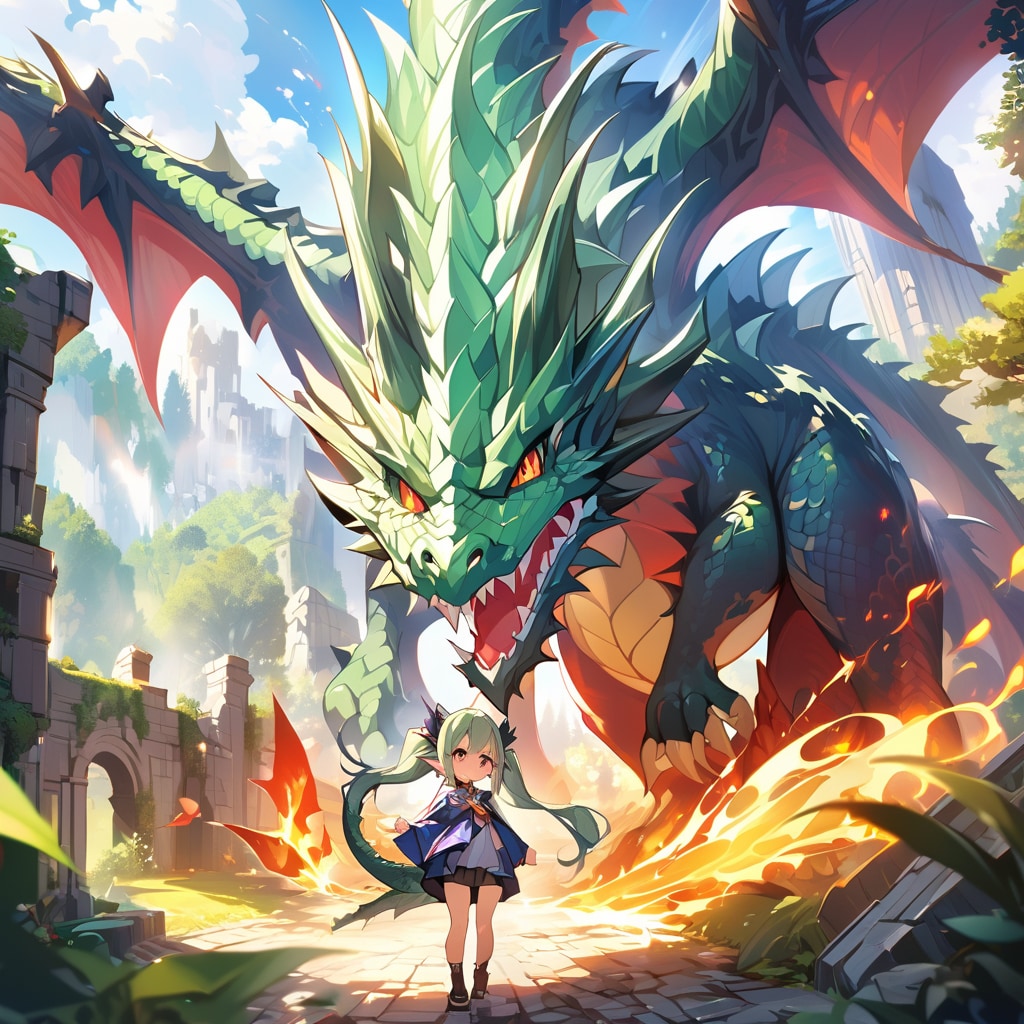 召喚したドラゴンさんをどうしていいのかわからないちびエルフちゃん。 | の人気AIイラスト・グラビア