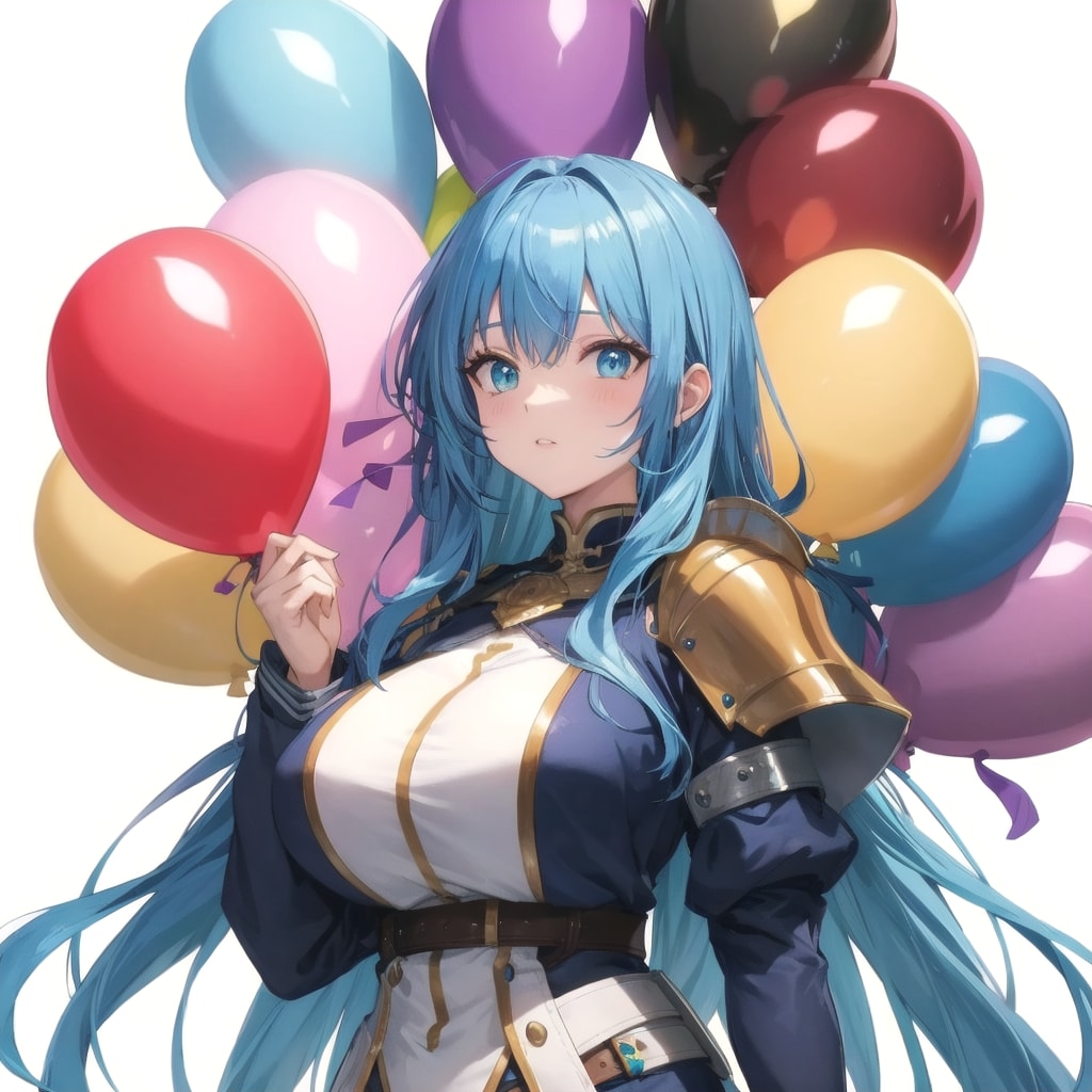 いっぱい色とりどりの風船を持つ青い髪ロングの美女騎士 | の人気AIイラスト・グラビア